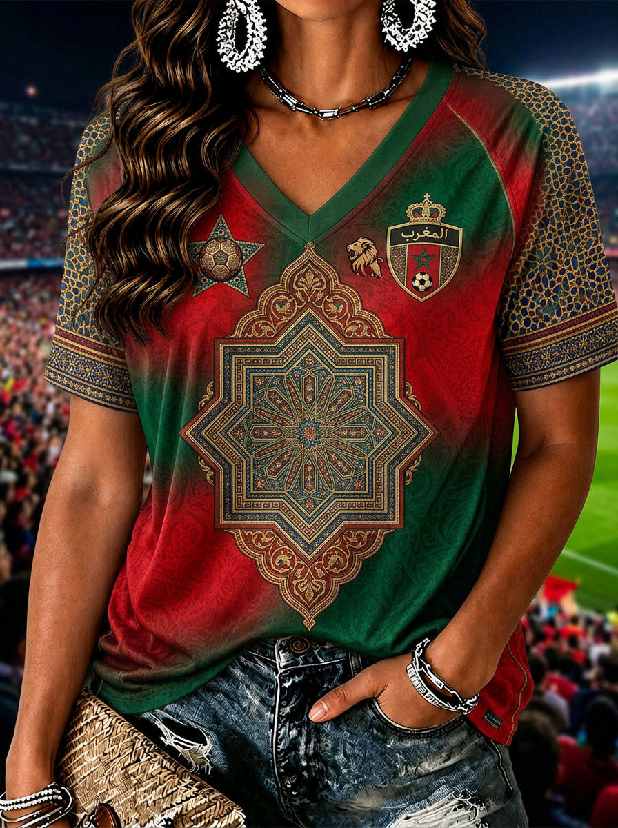 T-shirt imprimé décontracté de fan de football marocain pour femmes