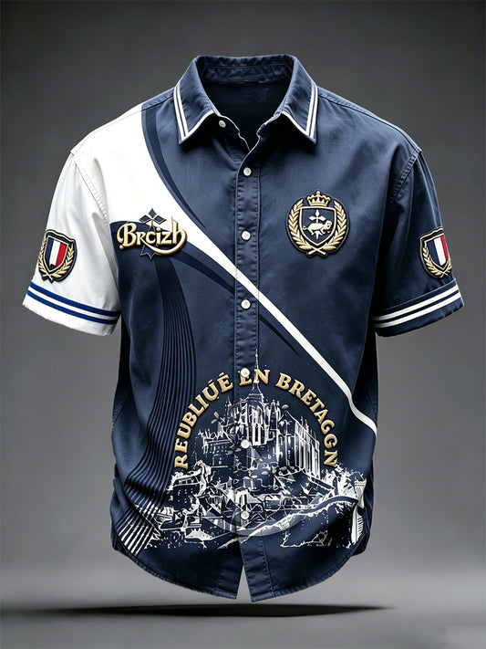 Chemise décontractée à manches courtes pour homme, imprimé de la Bretagne française et du Mont-Saint-Michel
