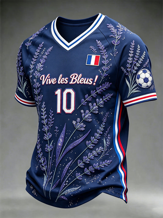 Élément de football pour hommes motif floral imprimé décontracté T-shirt à col en V
