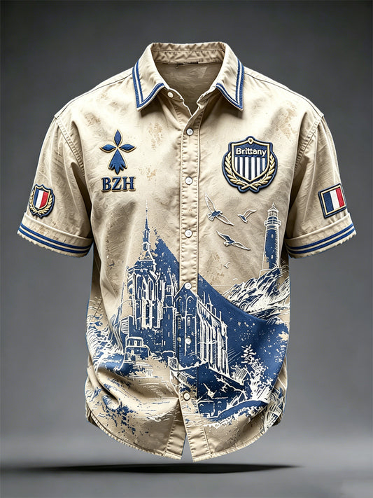 Chemise décontractée à manches courtes pour homme, style vintage français, imprimé marin breton