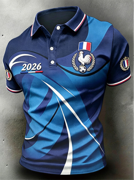 Polo Décontracté Homme Bleu Profond Coq Français Imprimé Football
