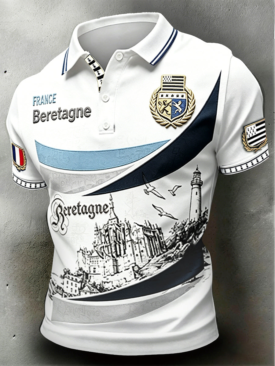 Polo professionnel blanc pour homme, imprimé Saint-Michel‑du‑Mont, de style breton