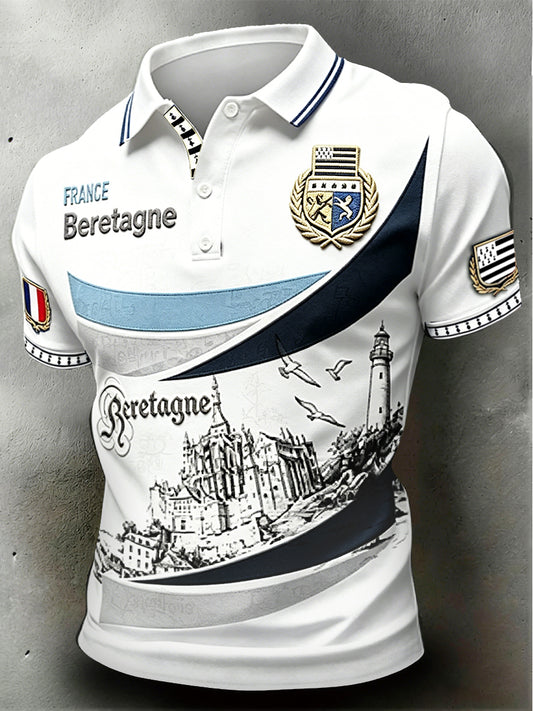 Polo professionnel blanc pour homme, imprimé Saint-Michel‑du‑Mont, de style breton