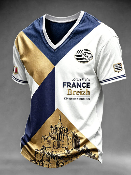 T-shirt homme à col en V, décontracté, de style professionnel, imprimé patchwork breton français