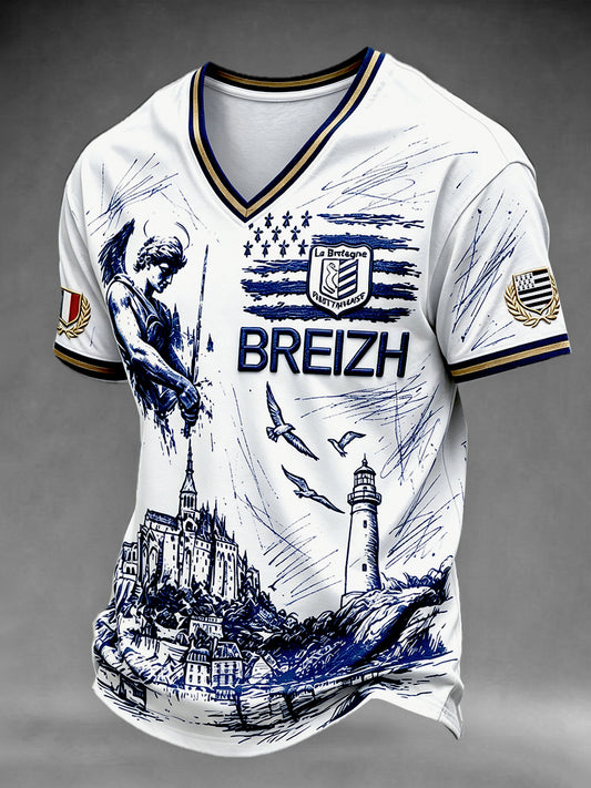 T-shirt décontracté pour homme, blanc, imprimé montagne Saint-Michel de Bretagne, col en V