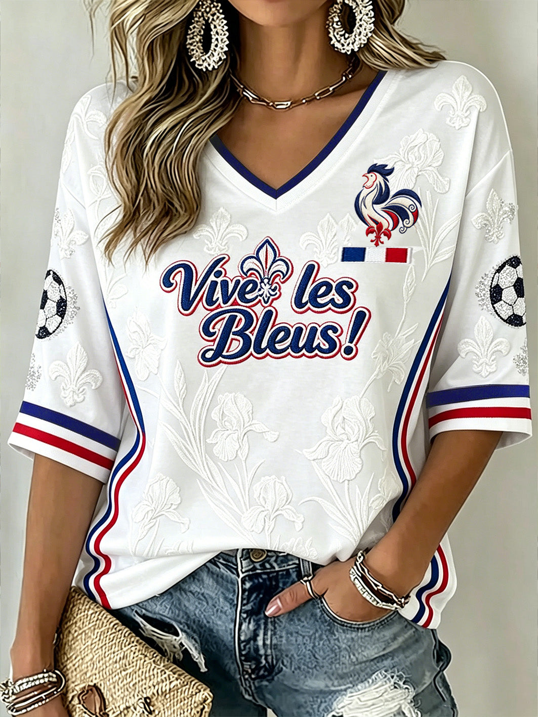 T-shirt à col en V décontracté à manches mi-longues imprimé à motif floral pour femmes