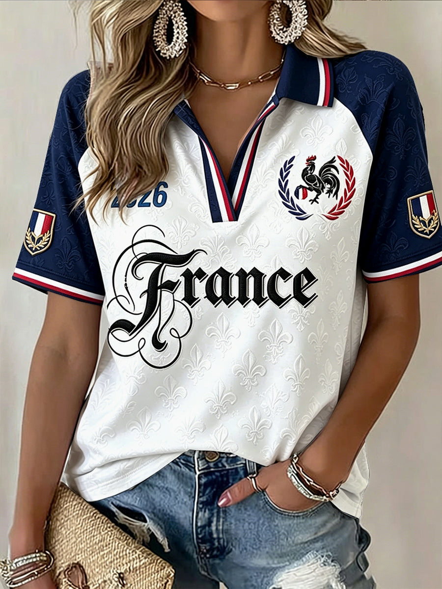T-shirt Polo à col en V à imprimé de football français pour femme