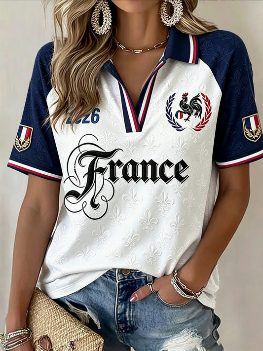 T-shirt Polo à col en V à imprimé de football français pour femme