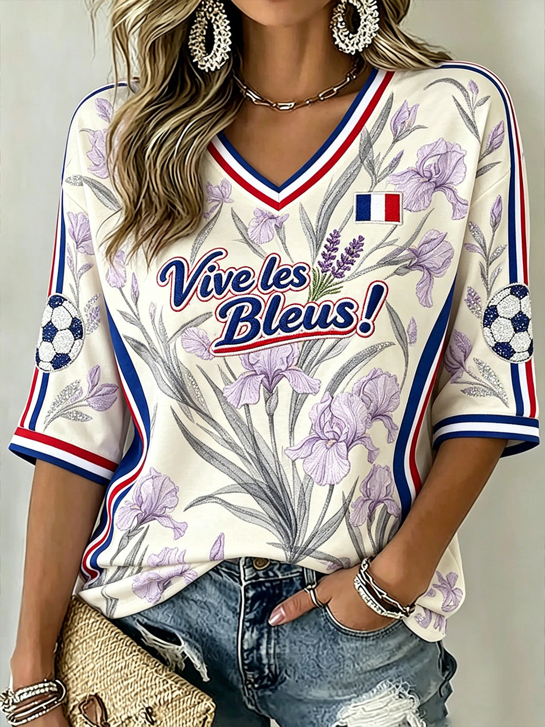 T-shirt à col en V décontracté à manches mi-longues imprimé à motif floral pour femmes