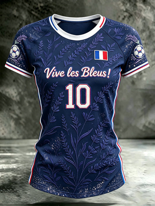 Élément de football pour femmes motif floral imprimé décontracté col rond manches courtes T-shirt