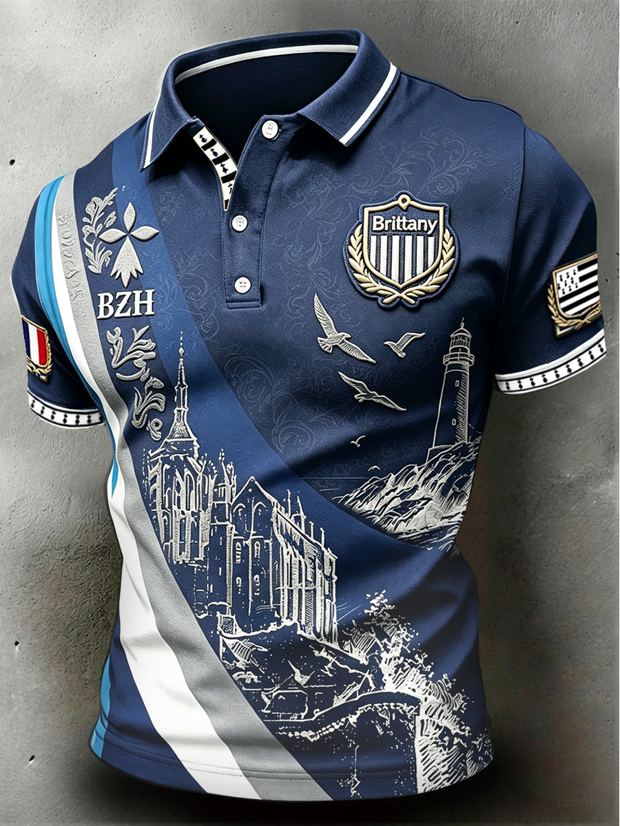 Polo décontracté pour homme, bleu marine, à imprimé marin
