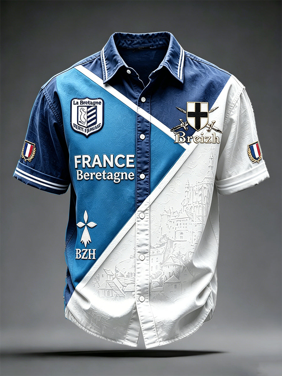Chemise décontractée à manches courtes pour homme, style breton français, motif patchwork