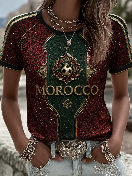 T-shirt femme imprimé football marocain, col rond, manches courtes