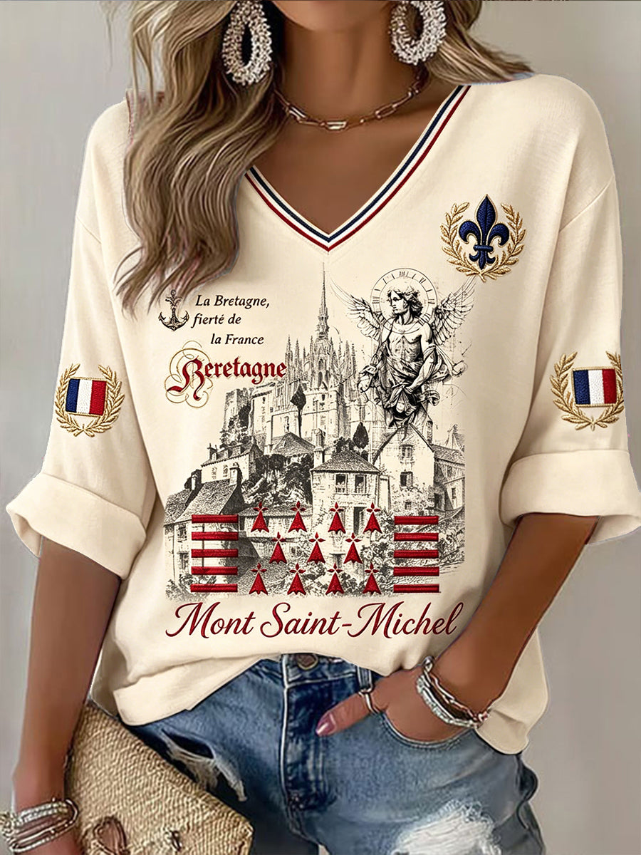 T-shirt décontracté à col en V pour femme, imprimé vintage de Saint-Michel‑du‑Mont, en France