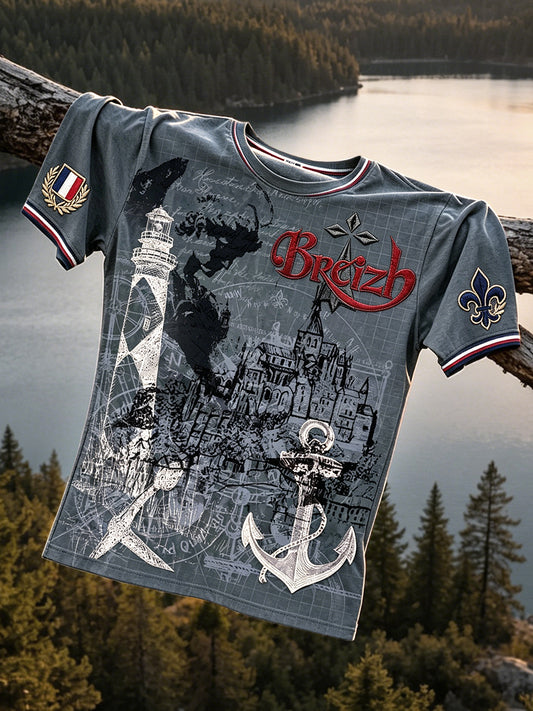 T-shirt décontracté rétro gris foncé pour homme, imprimé Breton Saint-Malo