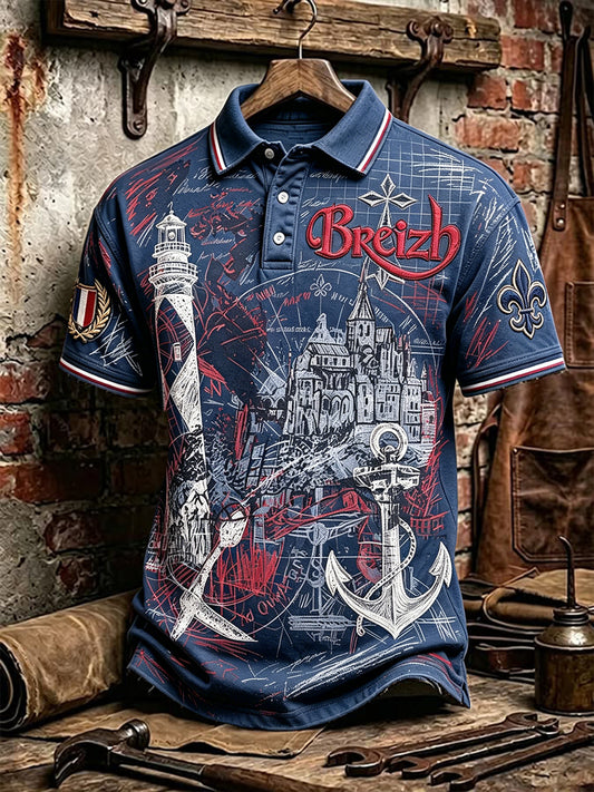 Polo décontracté pour homme, bleu marine, à imprimé graffiti de style marin breton