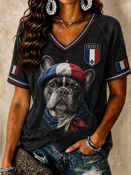 T-shirt à col V French Bulldog Femme