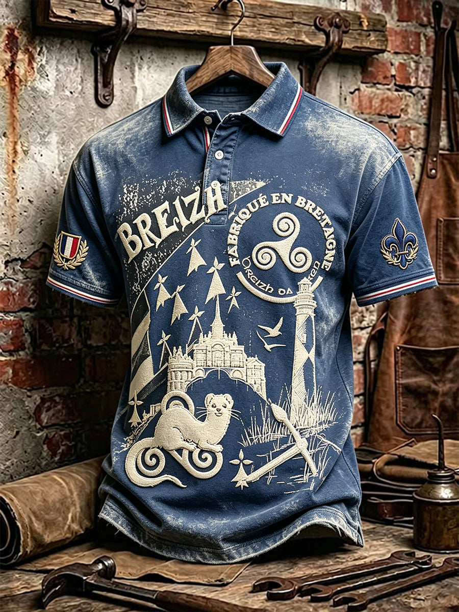 Polo décontracté pour homme, style rétro, bleu foncé, imprimé breton français