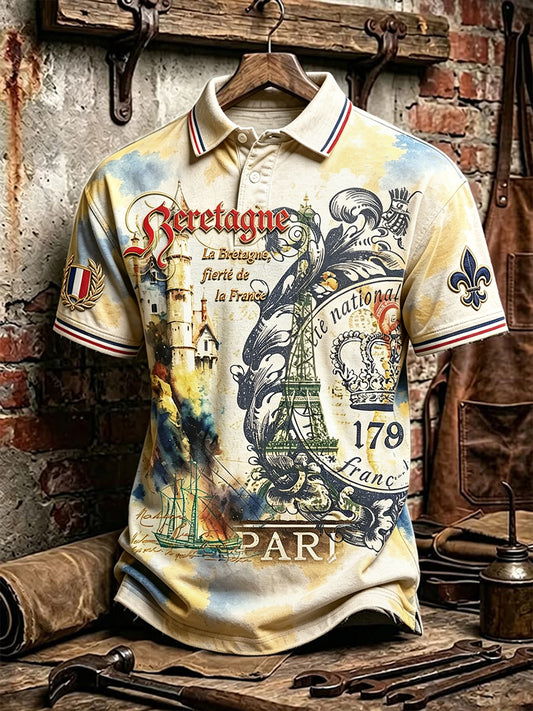 Polo décontracté pour homme, style vintage beige à imprimé graffiti breton français