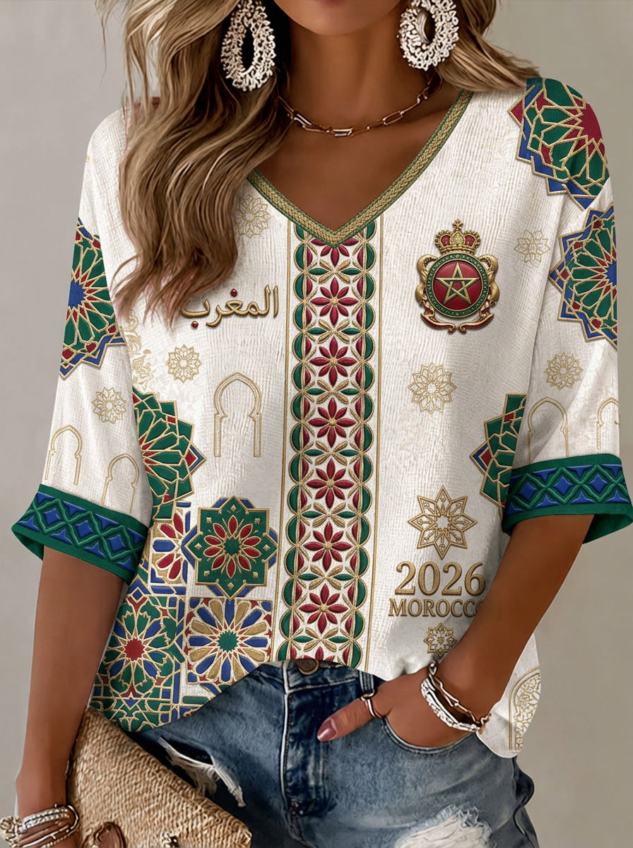 T-shirt décontracté imprimé pour fan de football marocain, modèle femme