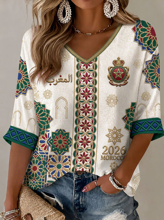 T-shirt décontracté imprimé pour fan de football marocain, modèle femme
