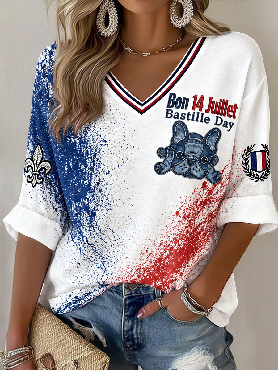 T-shirt à col en V décontracté à imprimé de bouledogue français Denim de style graffiti pour femme