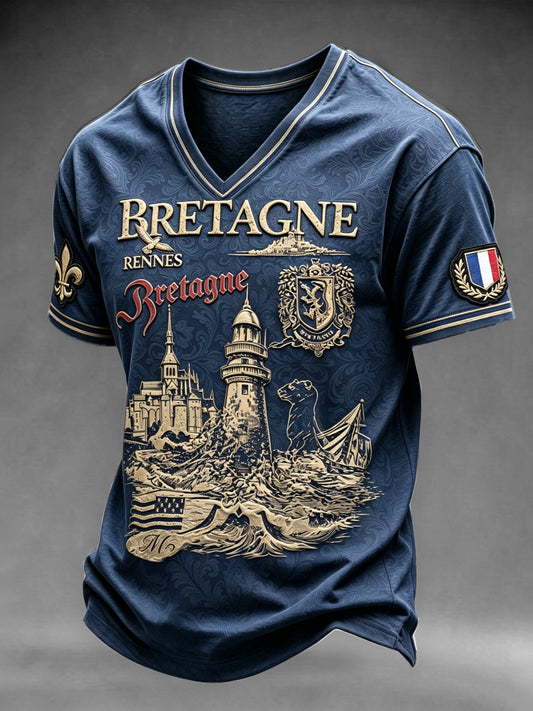 T-shirt à col en V décontracté imprimé bleu foncé vintage de style français pour homme