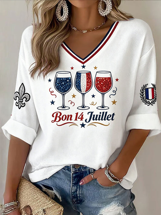 Tee-shirt Femme Décontracté 'Bastille Day' Blanc Imprimé Verre Du 14 Juillet