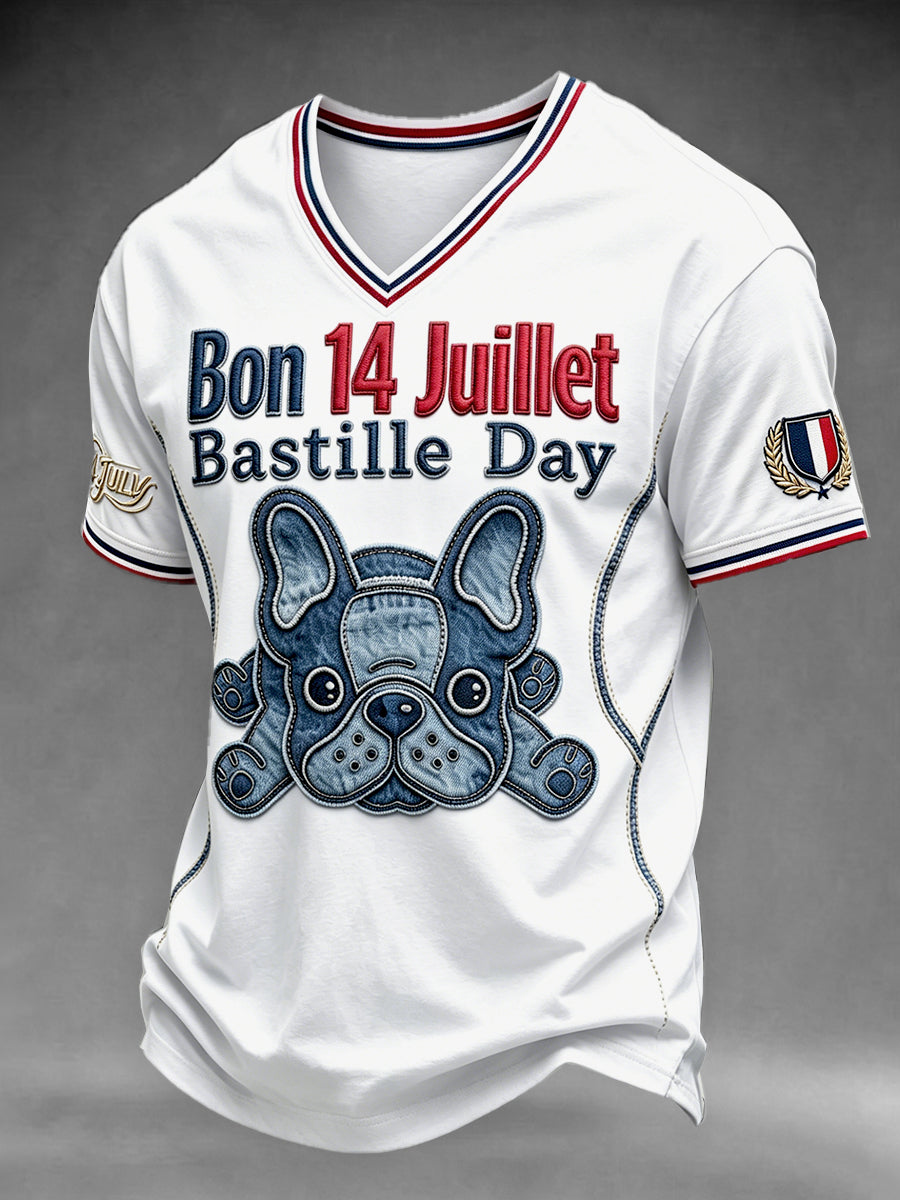 La fête nationale française des hommes 14 juillet Denim Bouledogue français Imprimer T-shirt décontracté à col en V