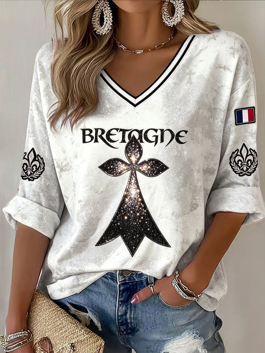 T-shirt à col en V à imprimé paillettes français pour femmes