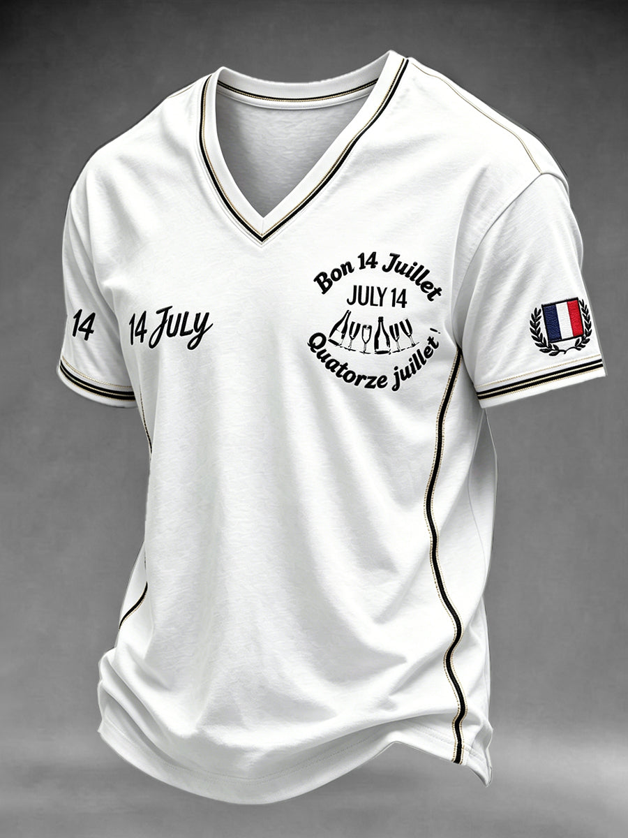 T-shirt à col en V décontracté pour homme avec imprimé fête nationale française blanche 14 juillet