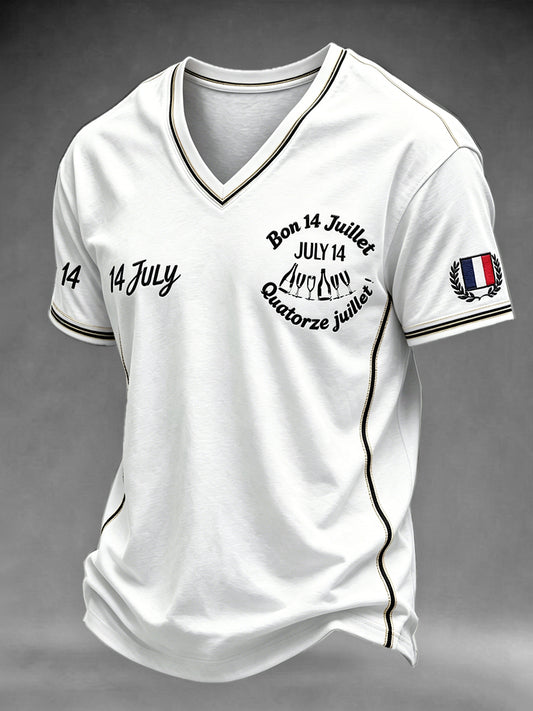 T-shirt à col en V décontracté pour homme avec imprimé fête nationale française blanche 14 juillet