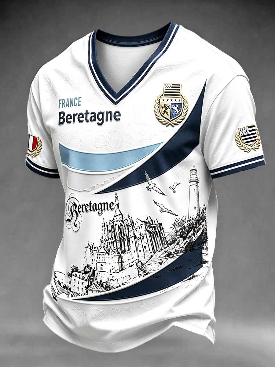 T-shirt décontracté pour homme, blanc, imprimé montagne Saint-Michel de Bretagne, col en V