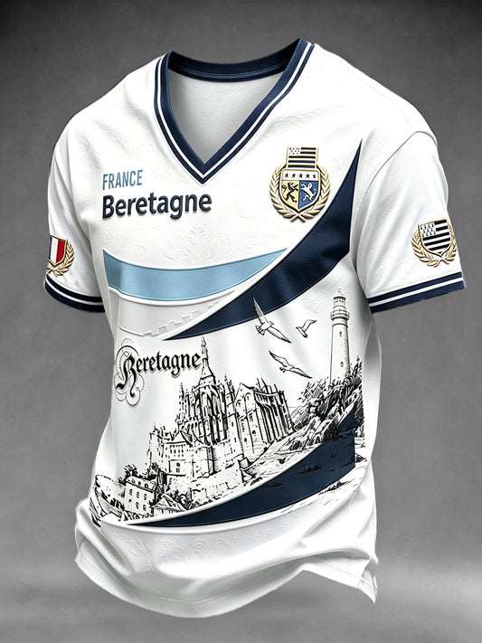 T-shirt décontracté pour homme, blanc, imprimé montagne Saint-Michel de Bretagne, col en V