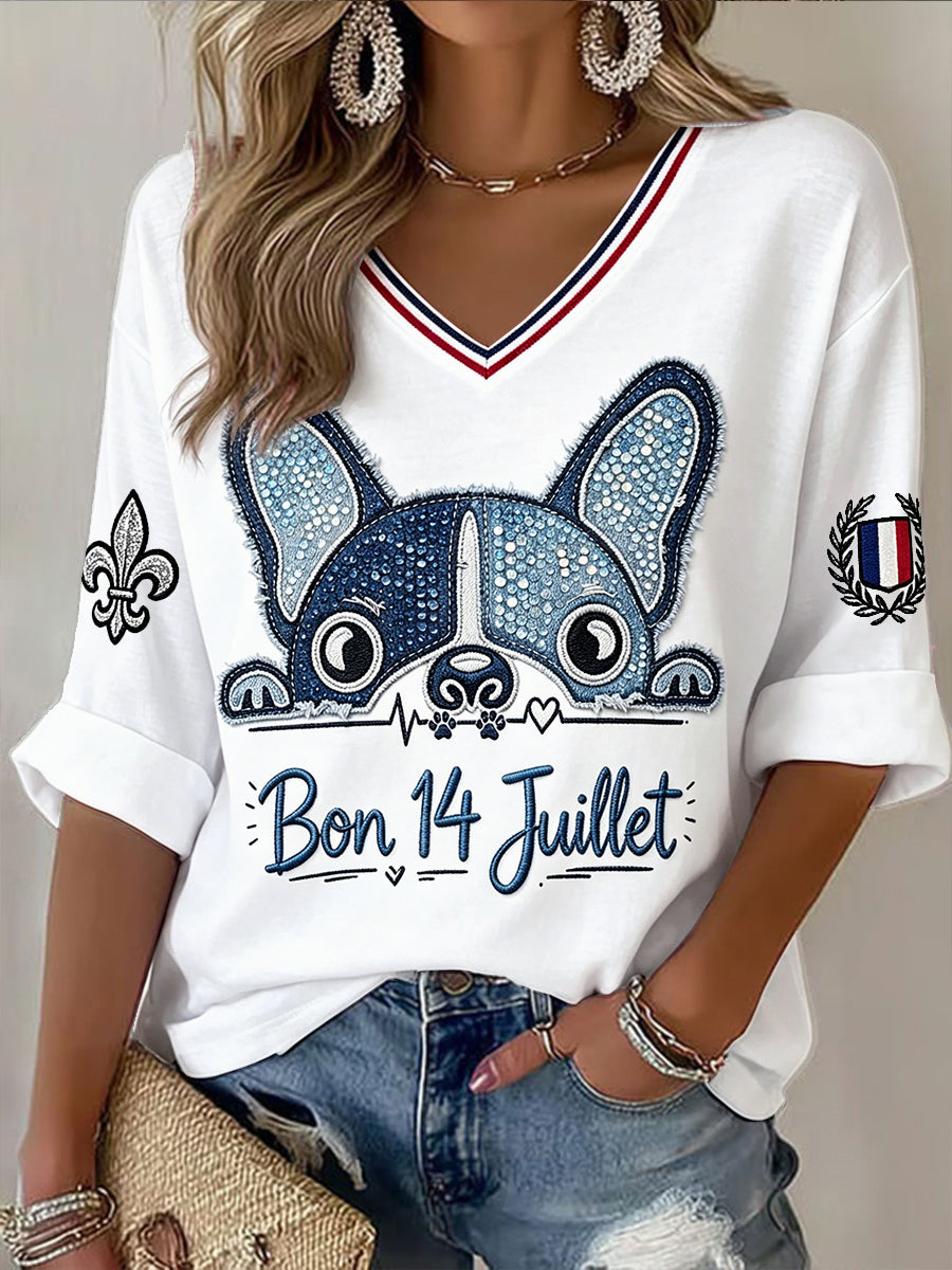 Journée nationale française des femmes 14 juillet Denim Bouledogue français Imprimer T-shirt à col en V décontracté
