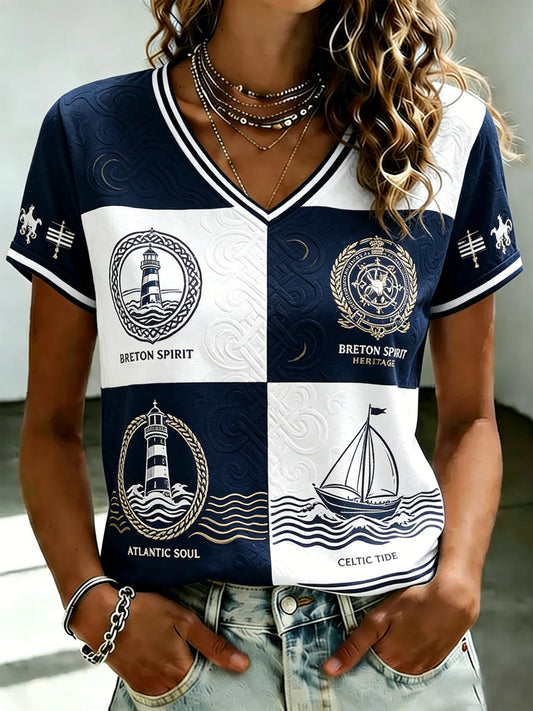 T-shirt à col en V imprimé celtique de Bretagne pour femmes