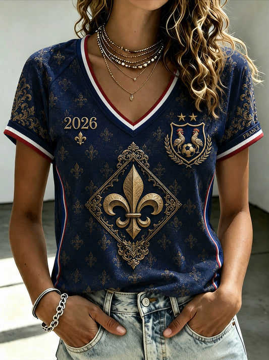 T-shirt femme de football français à col en V et épaules dénudées, manches courtes