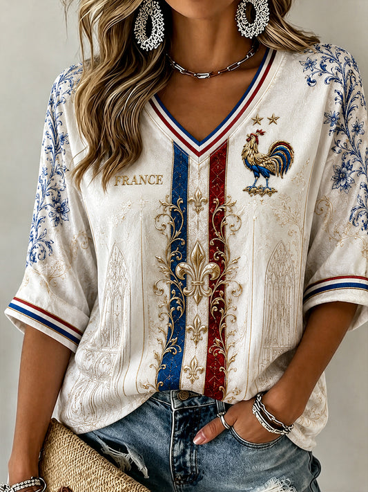 Chemise en lin à col V pour femmes, motif football français