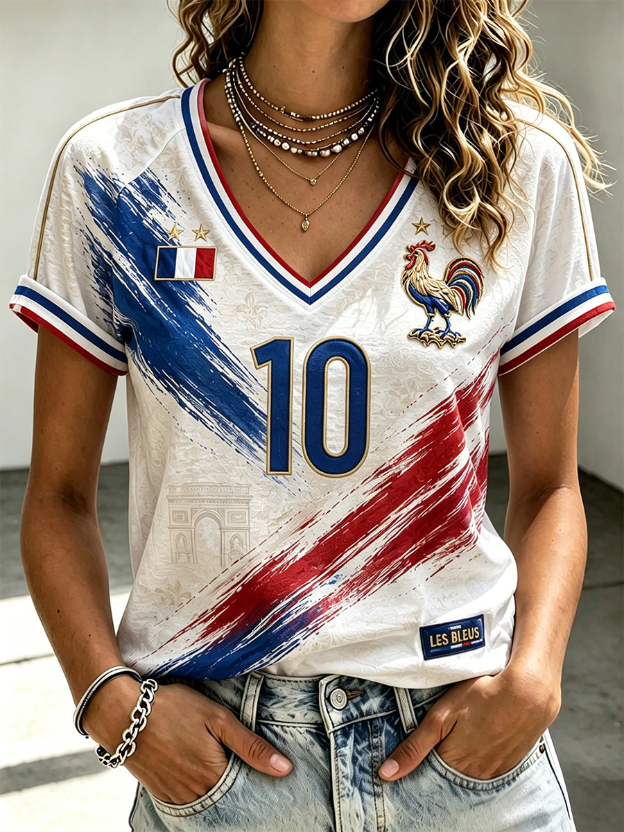 T-shirt à manches courtes col en V du football français pour femme