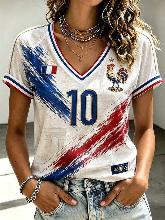 T-shirt à manches courtes col en V du football français pour femme