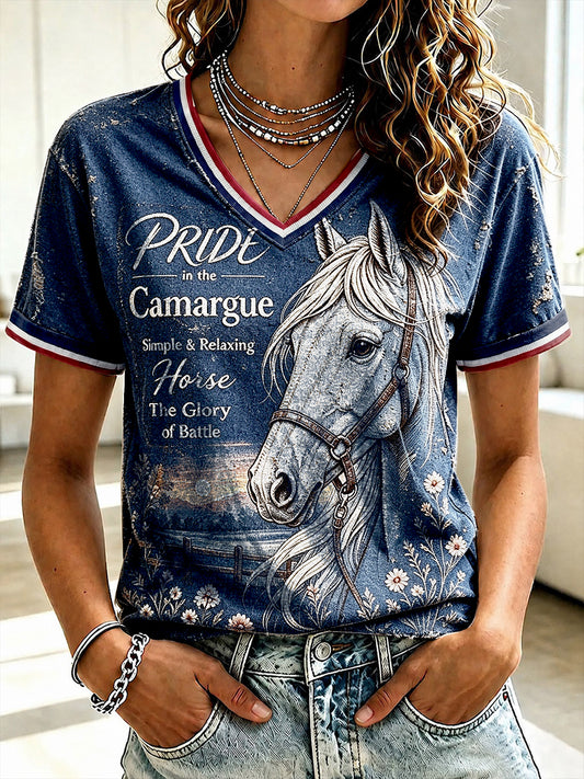 T-shirt à col en V décontracté à imprimé camargue français bleu vintage pour femme
