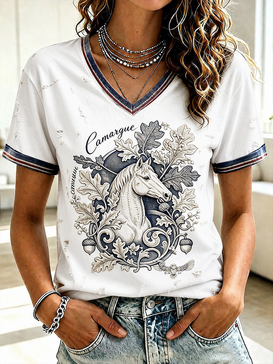T-shirt Femme Blanc Camargue Horse-Print Casual Col V