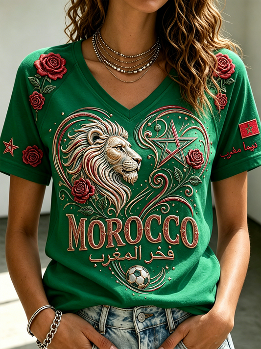 T-shirt manches courtes à manches courtes col V femme football marocain