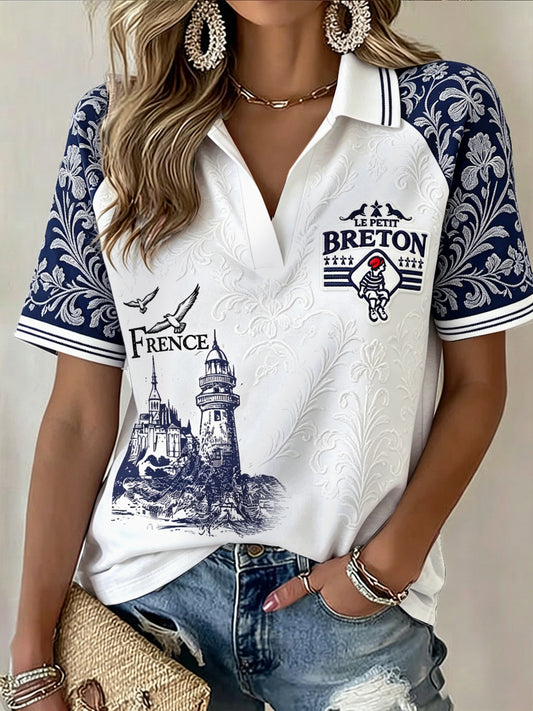 T-shirt polo décontracté minimaliste à col en V imprimé Bretagne française pour femmes