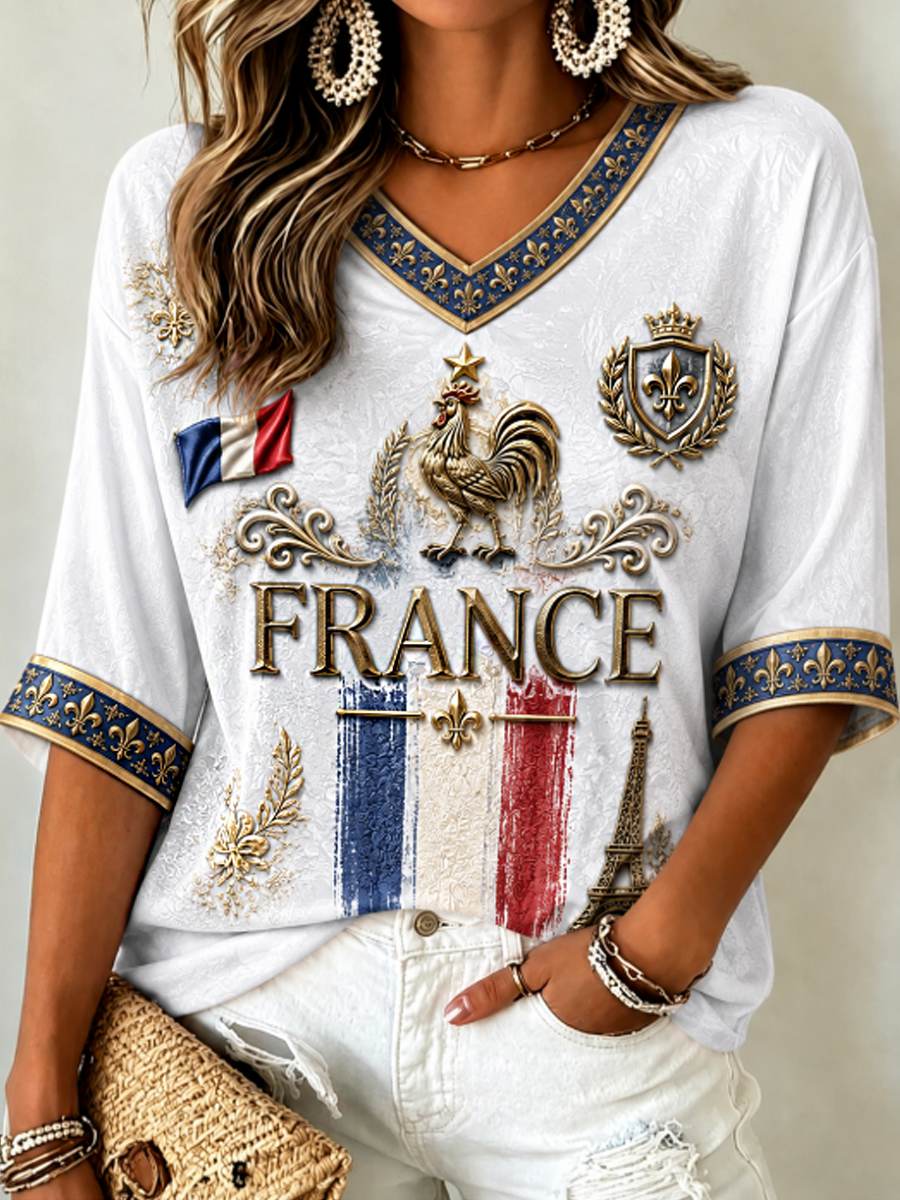 T-shirt femme à manches mi-longues et col en V