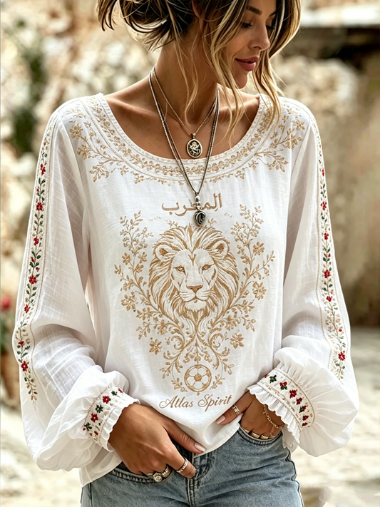 Chemise pour femme en coton-lin imprimé marocain