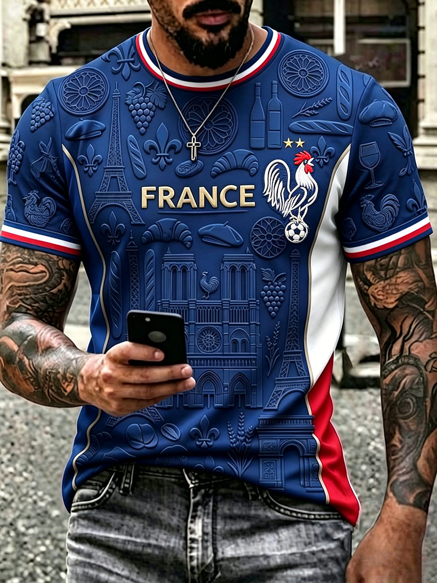 T-shirt à manches courtes imprimé Art inspiré du football français pour hommes