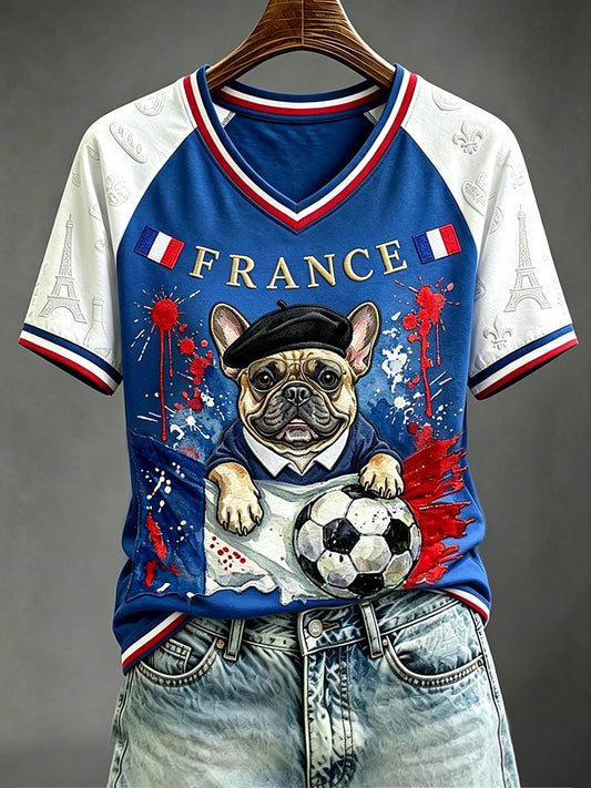 T-shirt à manches courtes à col en V pour femme French Bulldog Football Art Print
