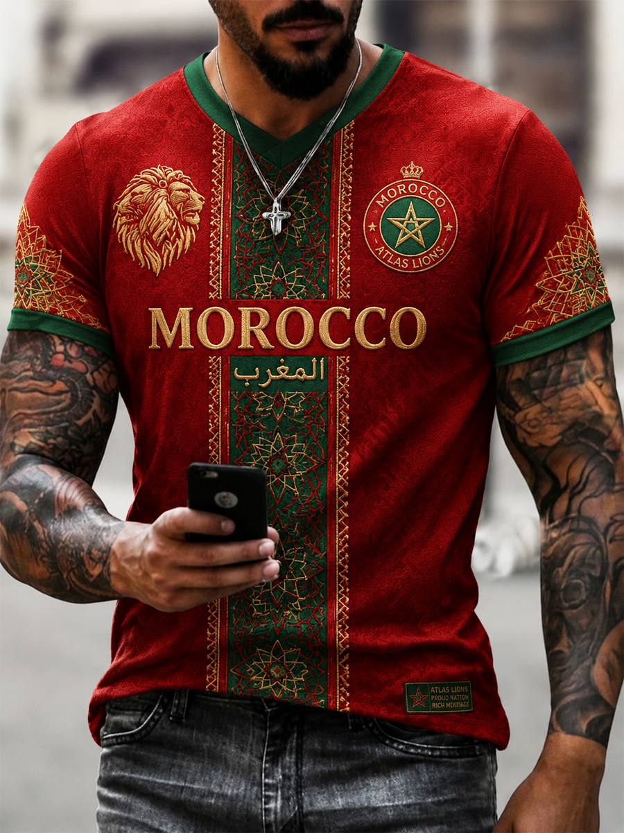 T-shirt pour homme à col en V, imprimé marocain
