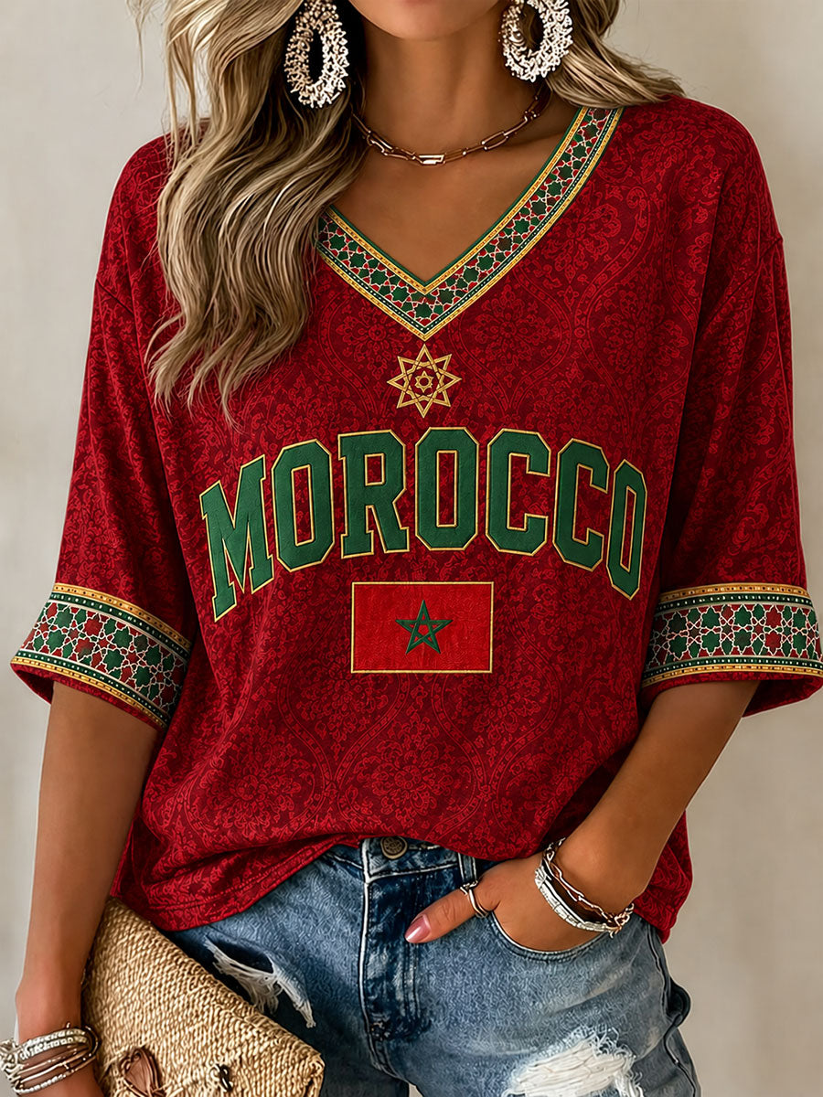 T-shirt décontracté imprimé football du Maroc pour femmes